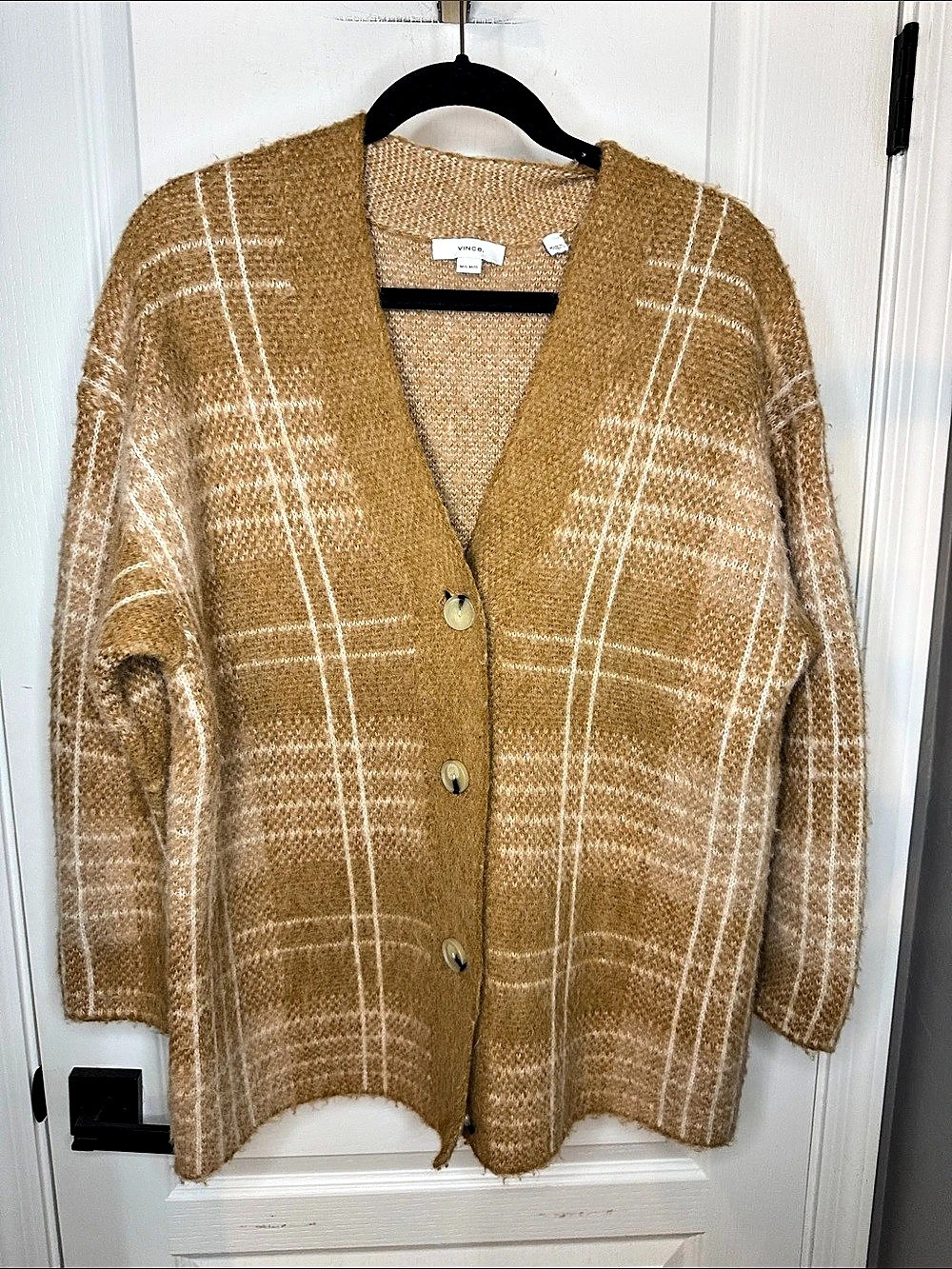 Vince Aloaca Wool Blend Plaid Cardigan in Brown & White M/L Like New